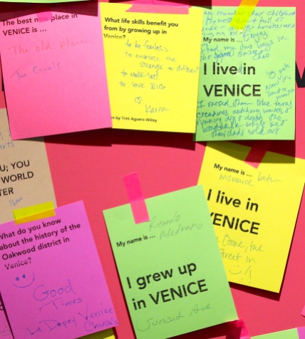 Venice Tribute Wall, an interactive wall with questions and stories submitted by Venice residents.